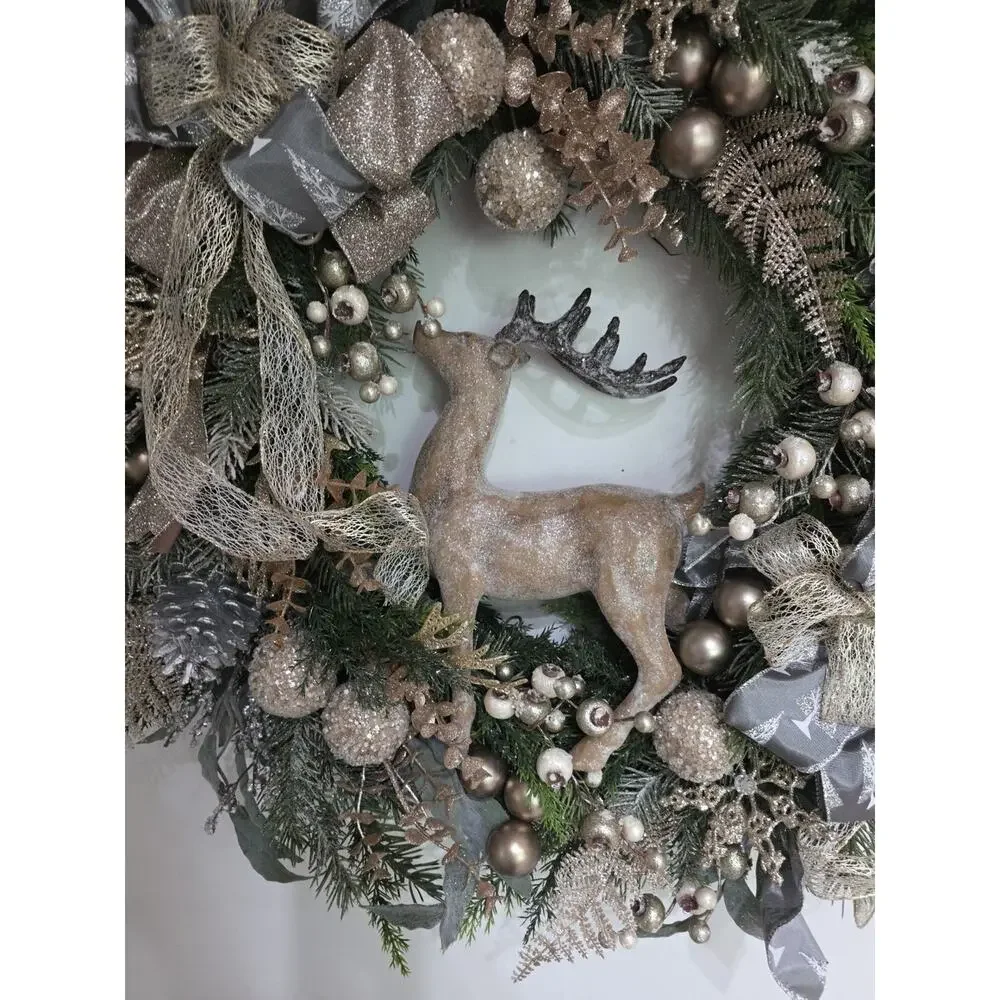 Handmade Christmas Wreath Deer Stag Gold Silver Berries Balls Ribbon 25